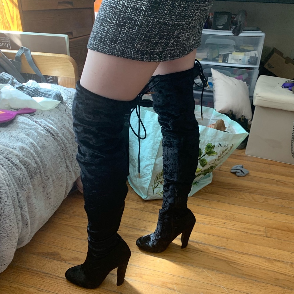 Velvet black knee-high boots